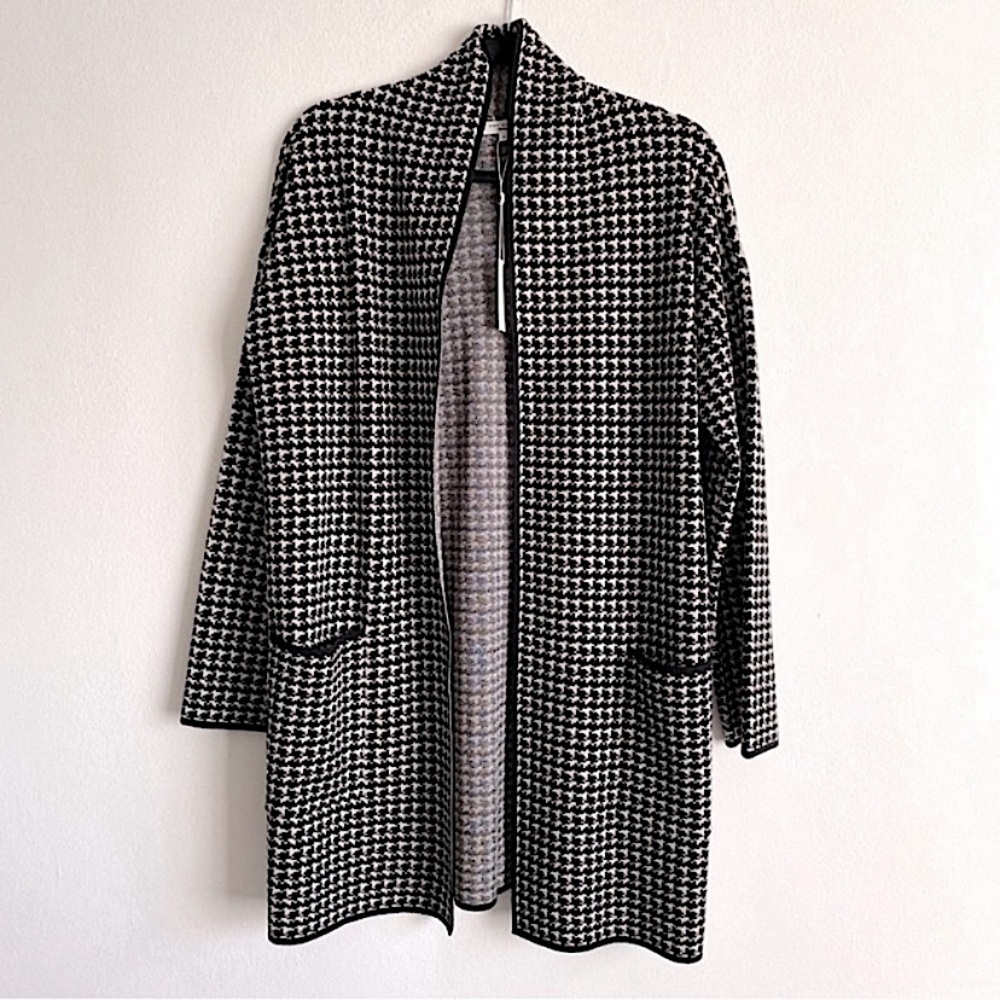 MAX STUDIO HOUNDSTOOTH KNIT CARDIGAN SWEATER OVERSIZED OPEN FRONT Black Cream S
